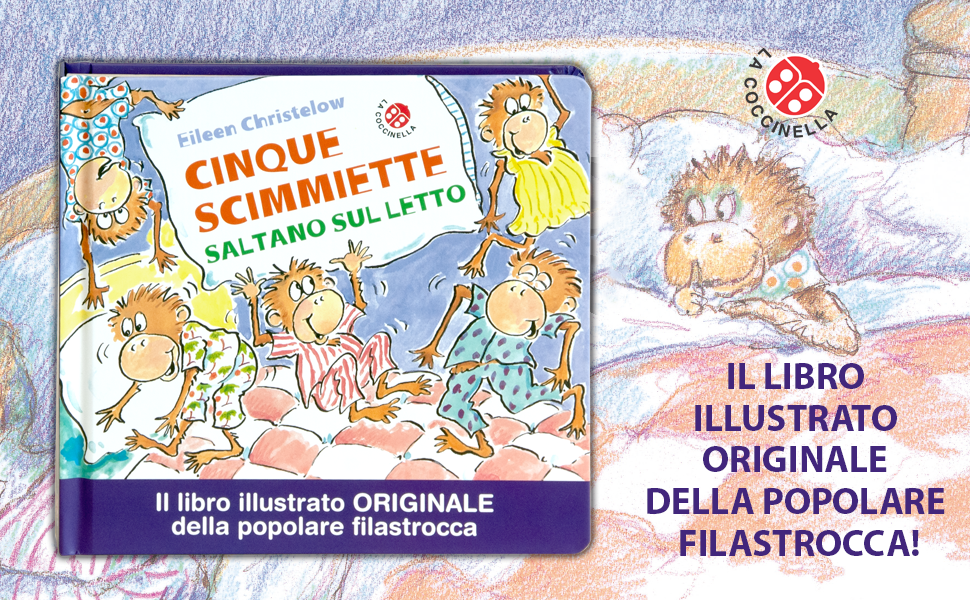 Cinque scimmiette saltano sul letto