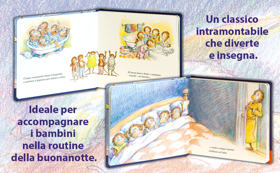 Cinque scimmiette saltano sul letto