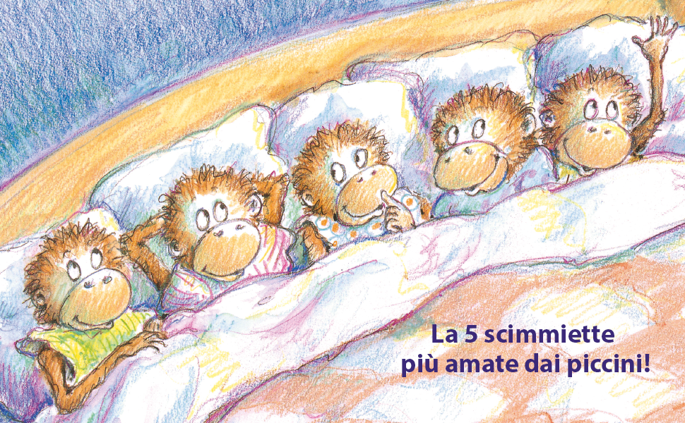Cinque scimmiette saltano sul letto